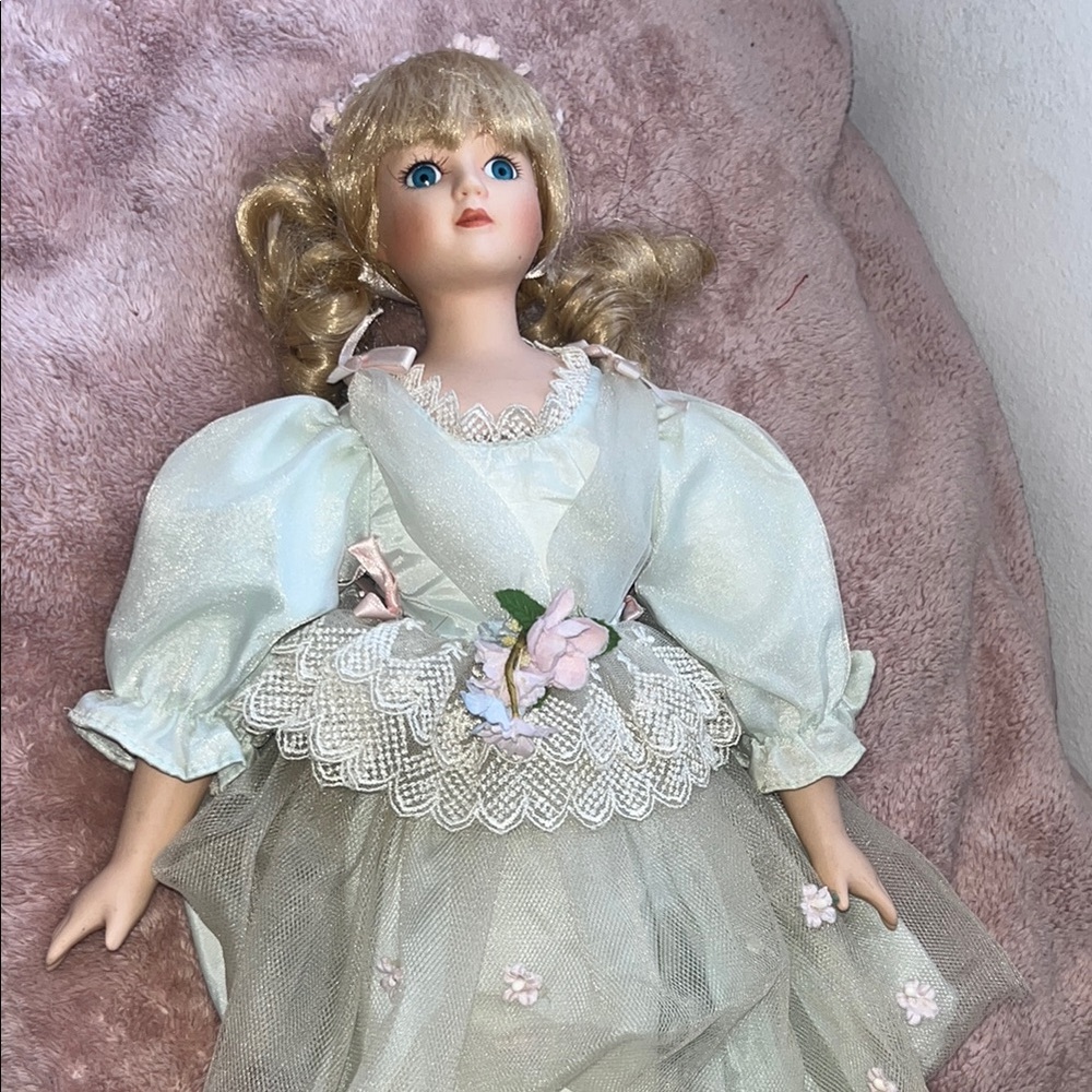 Cream and White Porcelain Doll with Vintage Dress